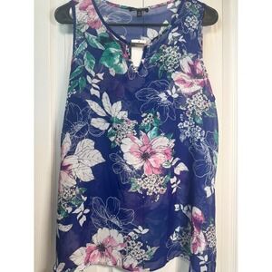 Sami & Jo Women's M NWT Sleeveless Sheer Floral Blouse Blue Pink Green Keyhole T